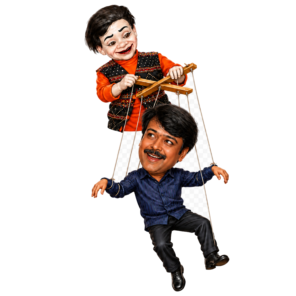 Caricature of Phani Madhav as a marionette operated by his ventriloquist doll
